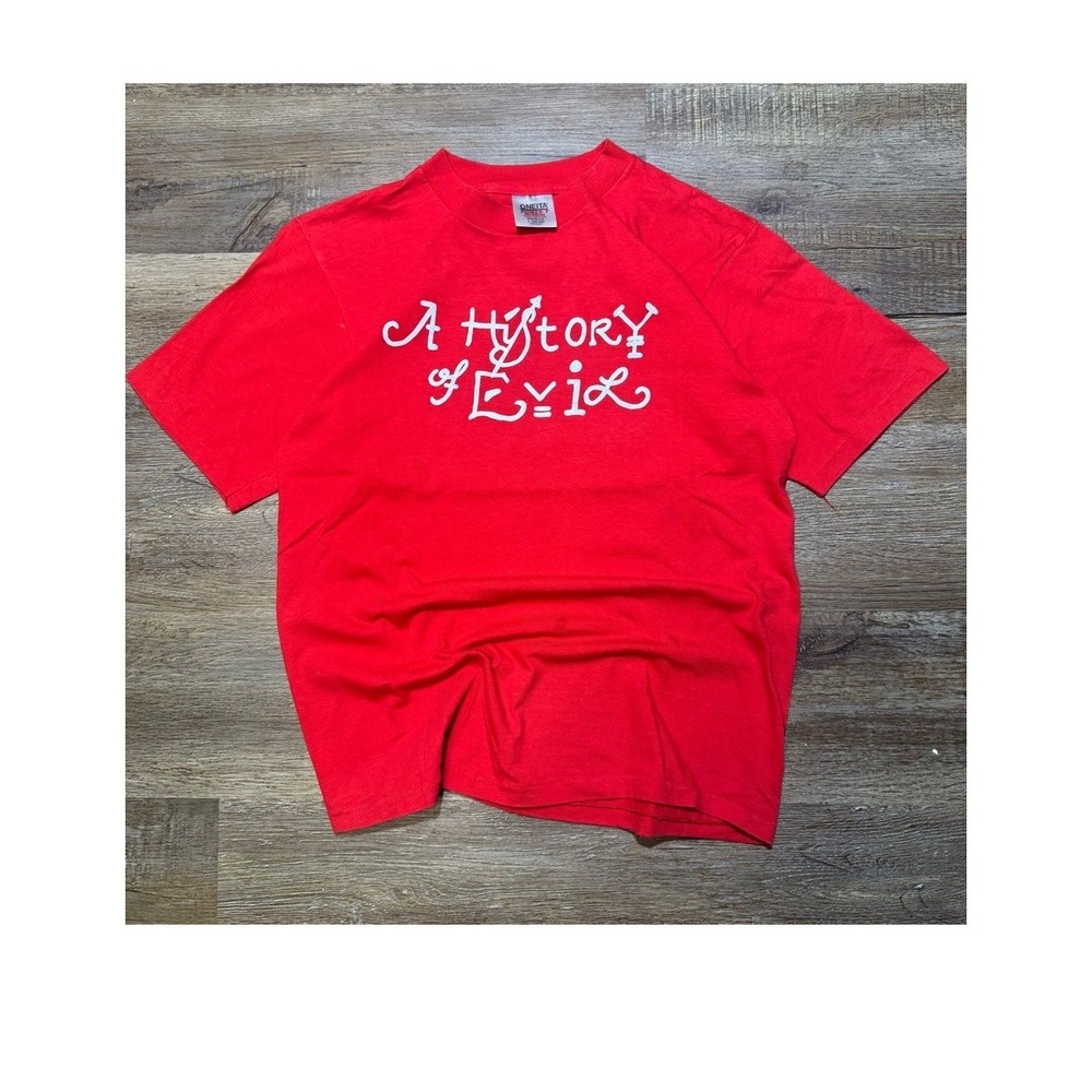 Oneita A History Of Evil Single Stitch T Shirt Mens Large Red Vintage 90s USA